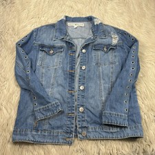 Ashley Mason Women's M Oversized Distressed Denim Jacket Grommet Arm Detail