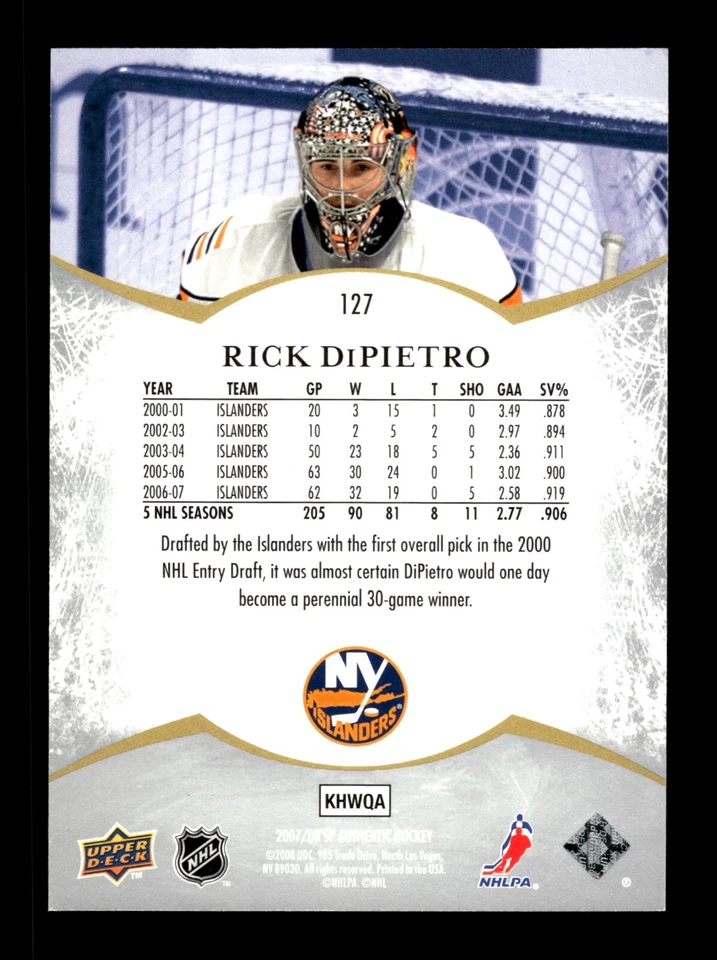 5-01-04 PWE . 2007-08 spa sp authentic ud #127 rick dipietro notables /1999 - Image 2 of 2