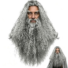 Gray Wizard Wig Beard Set Halloween, Costume Wig Long Curly for Men Adults