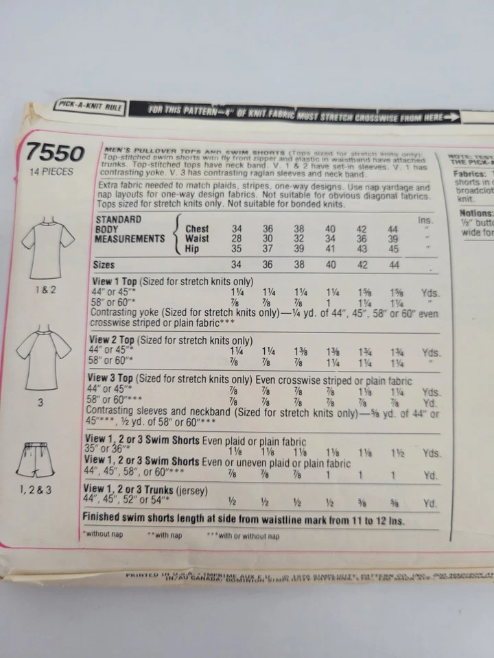 70’s Vintage Sewing Pattern Men's Tops Swim Shorts Size 38 Simplicity  7550 - Image 4 of 4