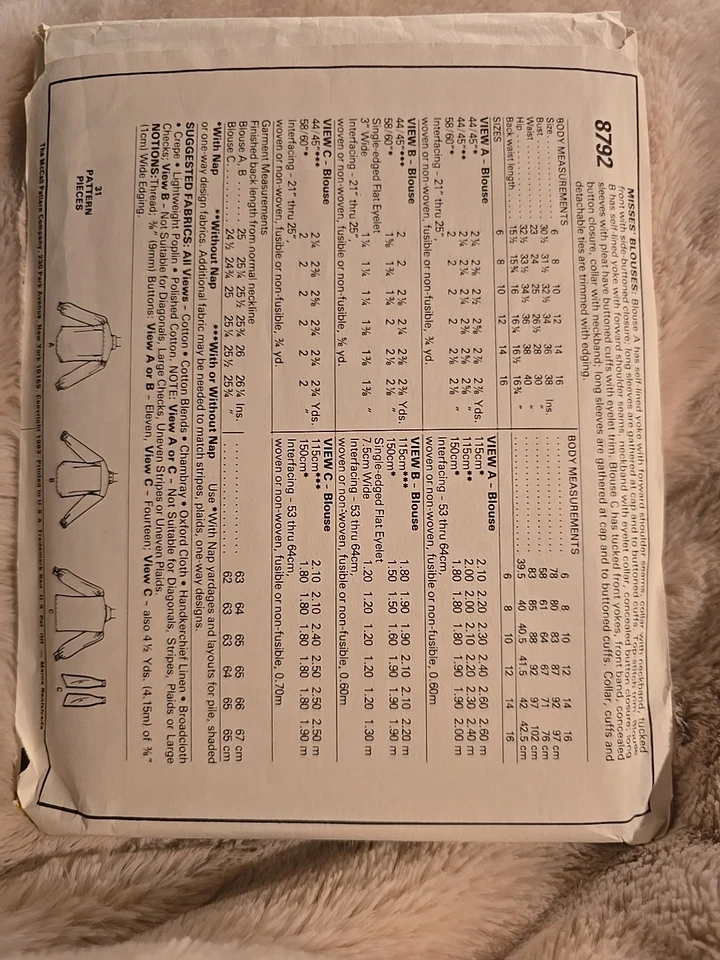 VINTAGE McCall 8792 Misses' BLOUSE Shirt TOP Sewing Pattern SZ 12 B34 UNCUT!! - Image 2 of 2