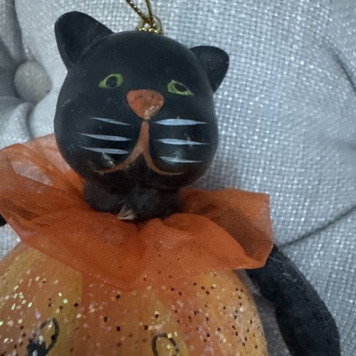 Large Halloween Lori Mitchell Black Cat Ornament 6” Jack O Lantern Pumpkin Body - Picture 3 of 7