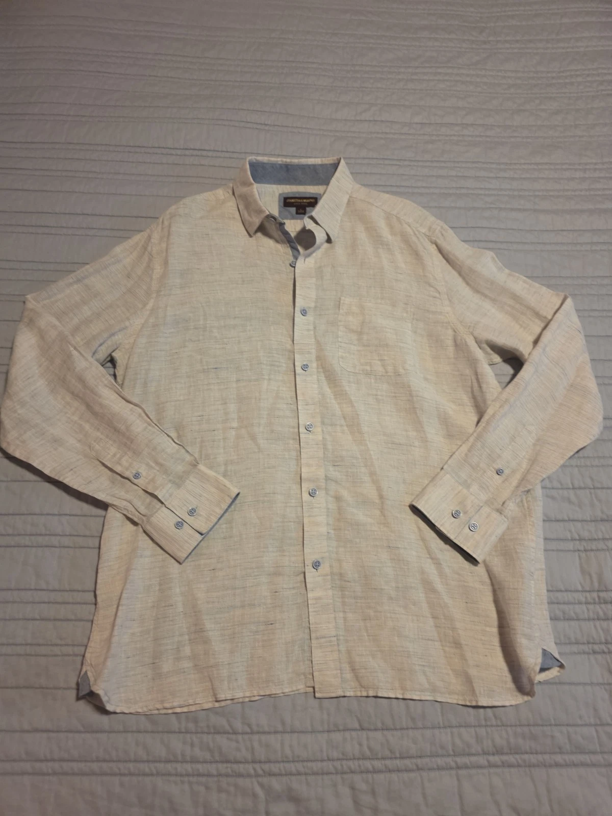 Johnston & Murphy 100% Linen Button Up Shirt Mens Large Beige Long Sleeve