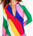 Boden Rash Vest Top Multi Stripe Size 12 Sporty Long Sleeves Raglan Zip Sun Safe