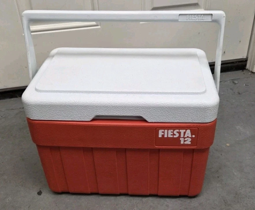 Vintage Red Fiesta 12 Portable Cooler Houston TX USA Drink Holder on Back of Lid