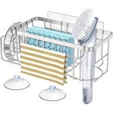 4-in-1 Sponge Holder with Adhesive Hook and Suction Cups Rustproof Sink Caddy