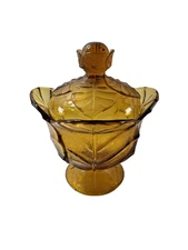 Vtg ESTATE Viking AMBER Cabbage Leaf Covered Pedestal Glass Candy Nut Dish w Lid