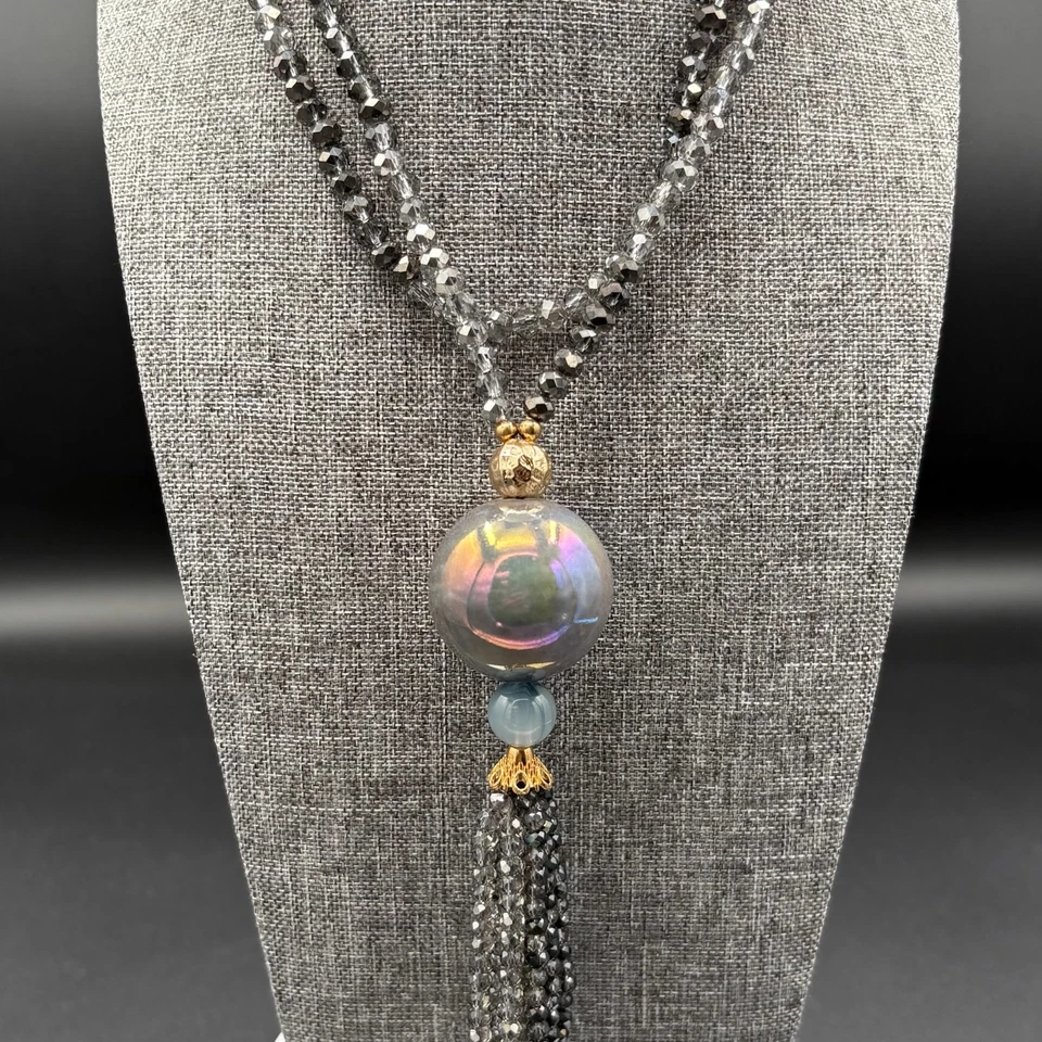 Длинный серый граненый бусина ожерелье переливающийся мяч подвеска кисточки - Изображение 2 из 3