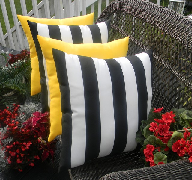 Set of 4 Black & White Stripe and Yellow Indoor Outdoor Decorative
