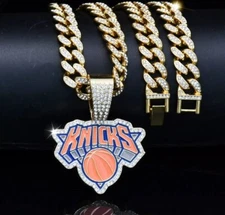14K Gold Plated NY New York Knicks Large Charm Pendant Iced Cuban Chain Necklace