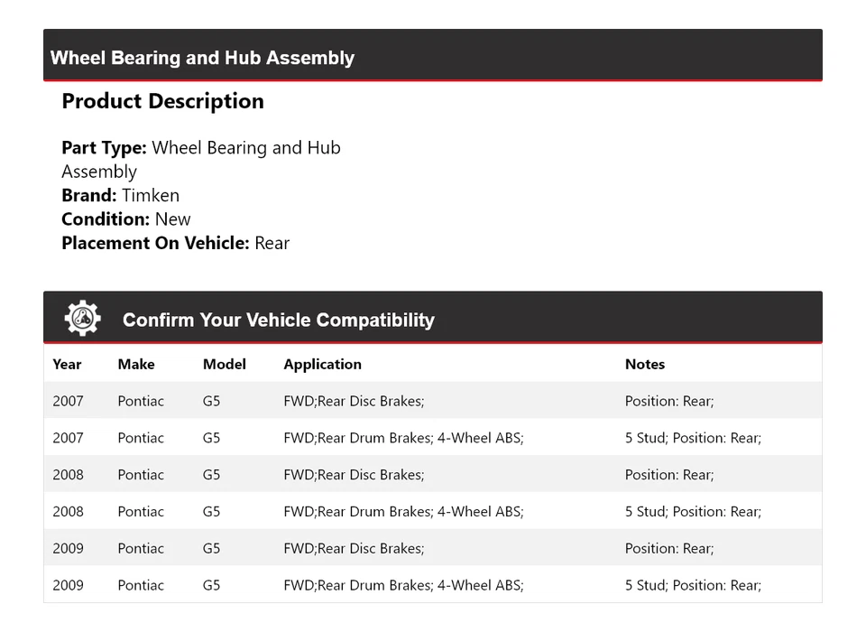 适用于 2007 - 2009 庞蒂亚克 G5 FWD 轮轴承和轮毂组件 后铁姆肯公司 2008 — 第 2/4 张图片