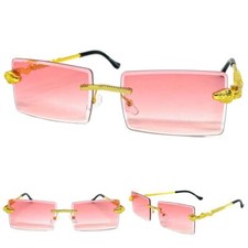 Mens Classy Elegant Modern Retro Hip Hop SUNGLASSES Rimless Gold Frame Pink Lens
