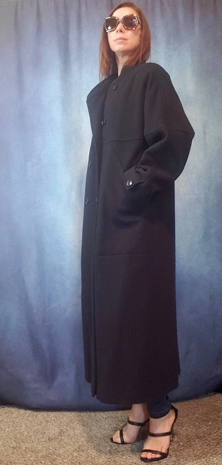 I. Magnin Womens Double Breasted Black/Dark Gray Long Dress/Coat Sz12? 100% Wool - Image 2 of 4