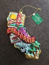 State of California Landmarks Outline Glass Christmas Tree Ornament T0738 New 6"