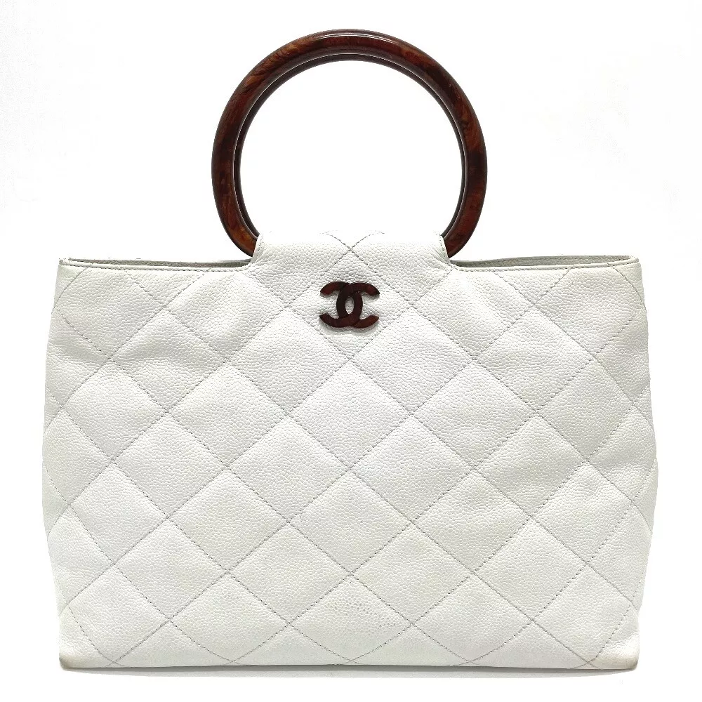 CHANEL Lambskin Stitched Wood Handle Bag White 75166