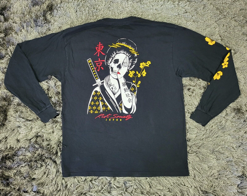 Riot Society Japan Shirt Mens Large Black Floral Geisha Skull Death Long Sleeve