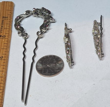3 pcs VICTORIAN VINTAGE RHINESTONE SILVER tone HAIR BARRETTES Marcasite retro