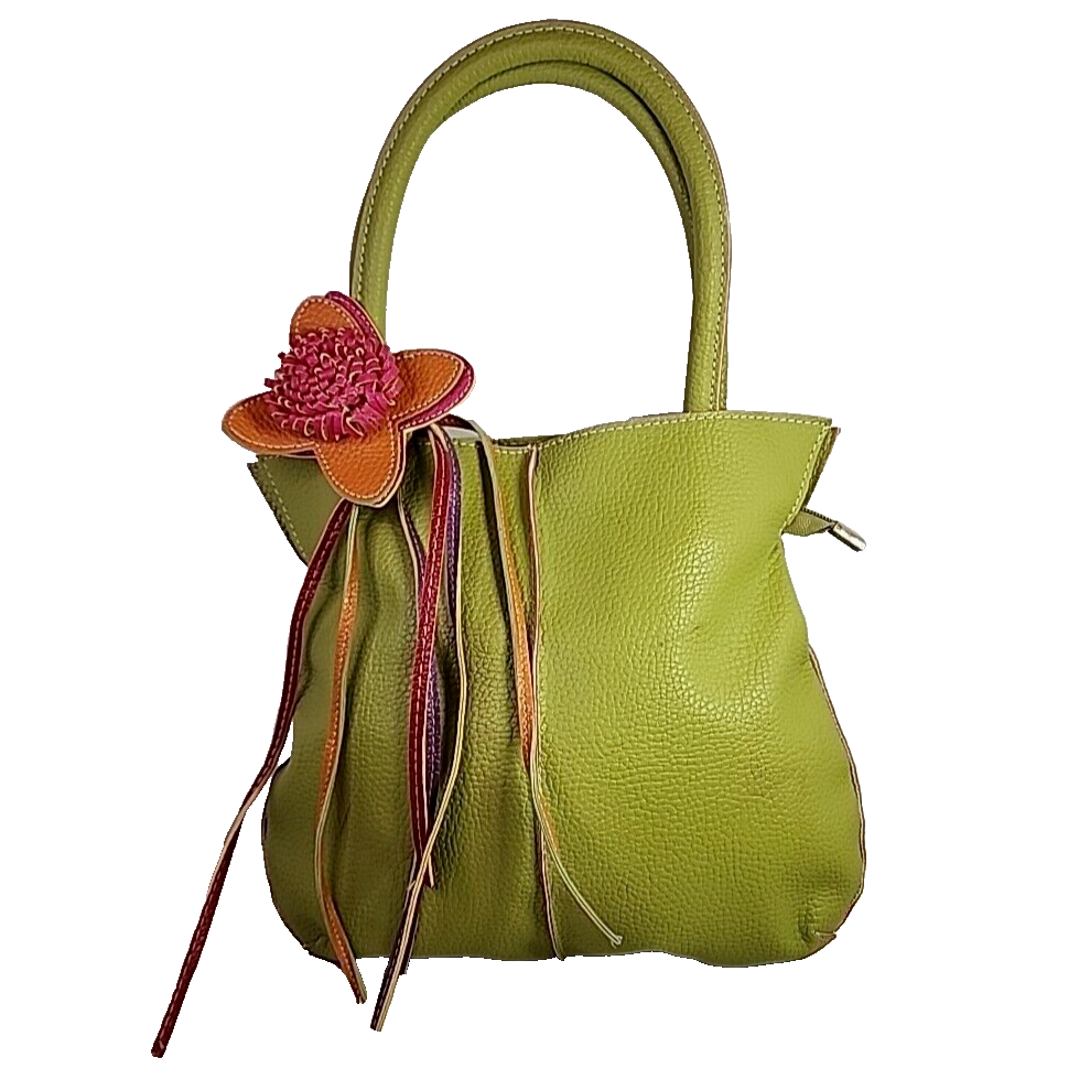 Mellow World Green Handbag Purse With Accent Pink Orange Handmade Flower  Design