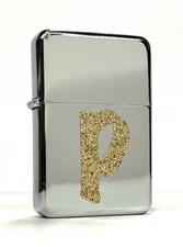 Initial ‘P’ Gold Glitter Letter Chrome Flip Top Oil Lighter Windproof Flame