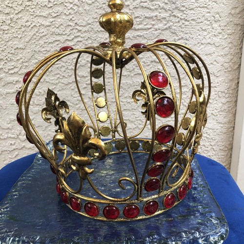 Gold Crown Fleur de Lis Ruby Red Jeweled Crown Festive Decorative Metal Wearable - Picture 4 of 14