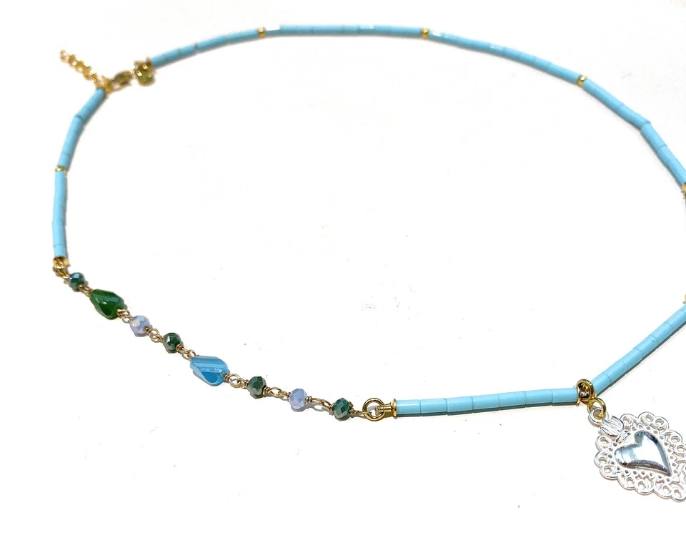 Collarino diWa Jewels turchese 4 fiori ematite argento charms cuori ex voto - Immagine 2 di 4