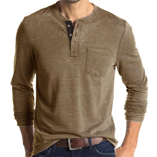Herren Langarm Henley Ausschnitt T-Shirt lässig einfarbig schmale Passform Knopf Pullover Tops - Bild 9 von 34