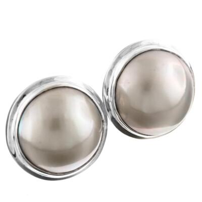 925 Sterling Silver White Mabe Pearl Sterling Post Back Earrings, 11/16''