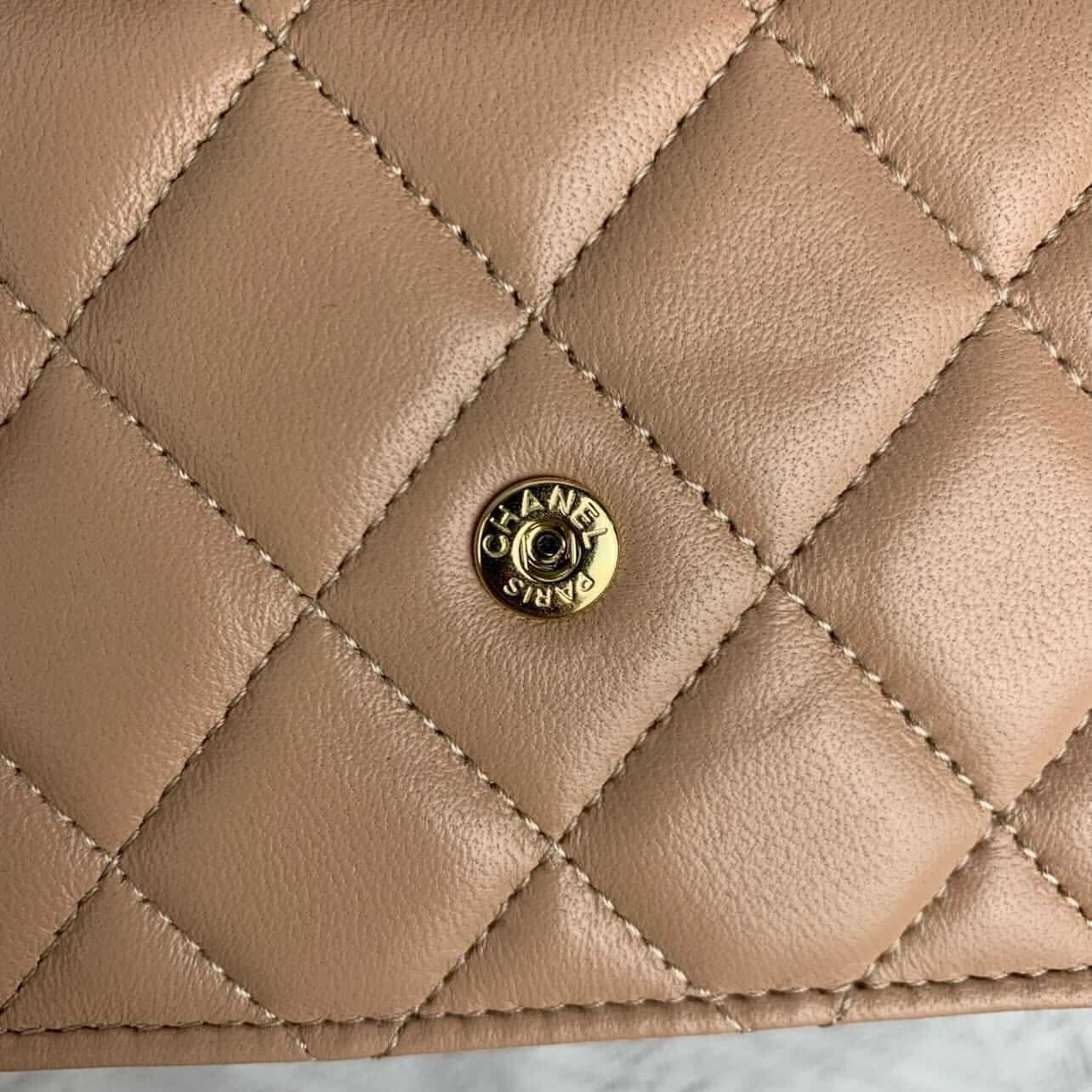 🦄 21K CHANEL Small Beige Mini WOC Wallet On Chain Card Coin Flap Handle Bag image 9