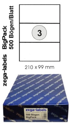 1.500 Etiketten 210 x 99 mm auf 500 DIN A4 Bögen (1x3 Etiketten)Laser/Inkjet KLT