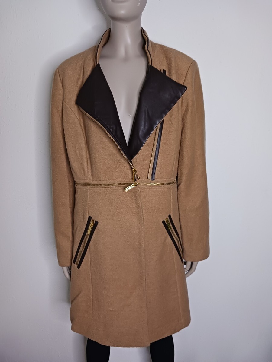 Iman tan wool coat size Large Long Jacket Double Breasted Zippers