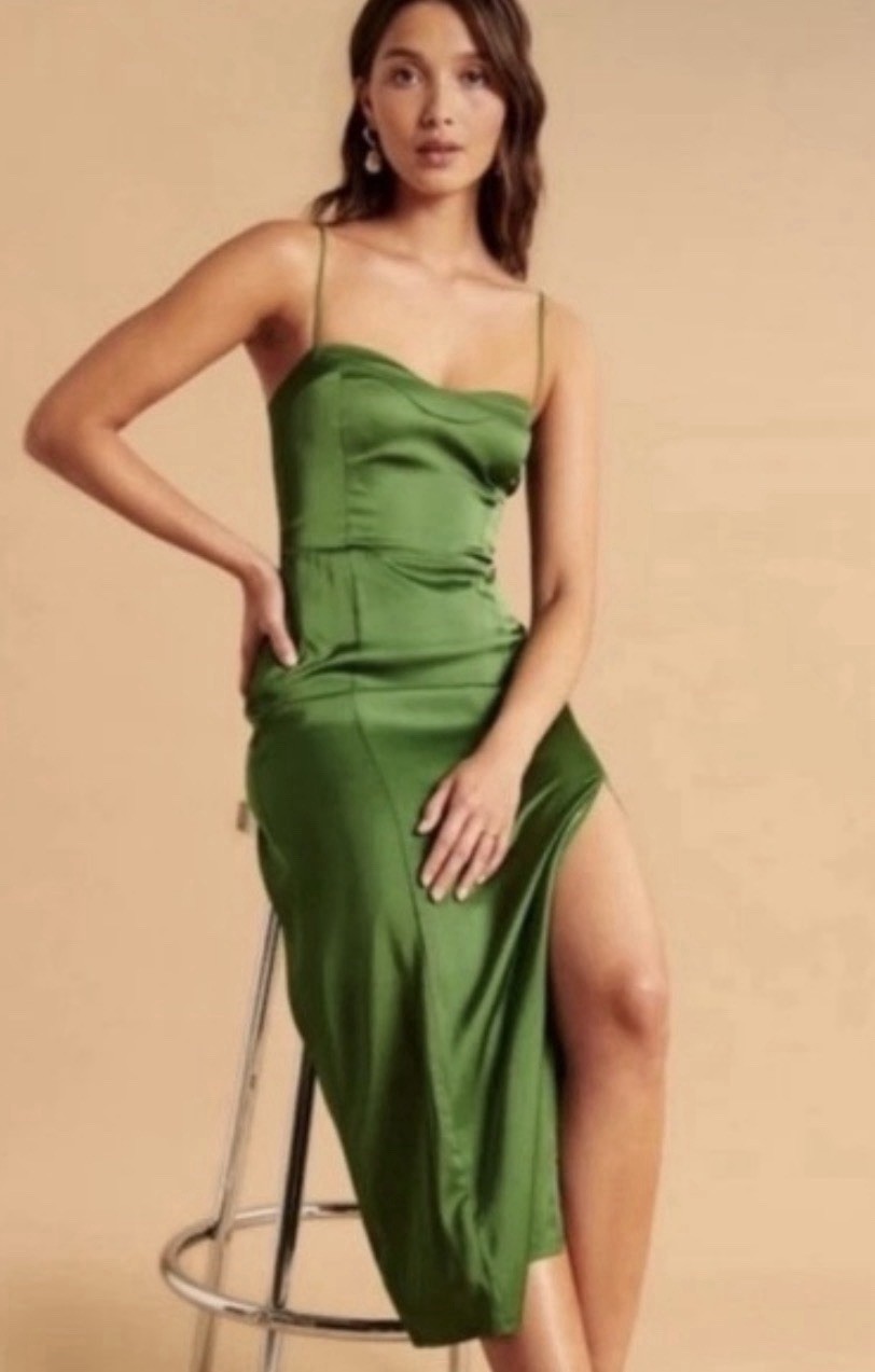 Abercrombie & Fitch Green Satin Midi Slip Dress Ruched Strappy Sleeveless L