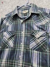 Vintage Ely Cattleman Shirt Mens Large Blue Plaid Western Pearl Snap Long Sleeve