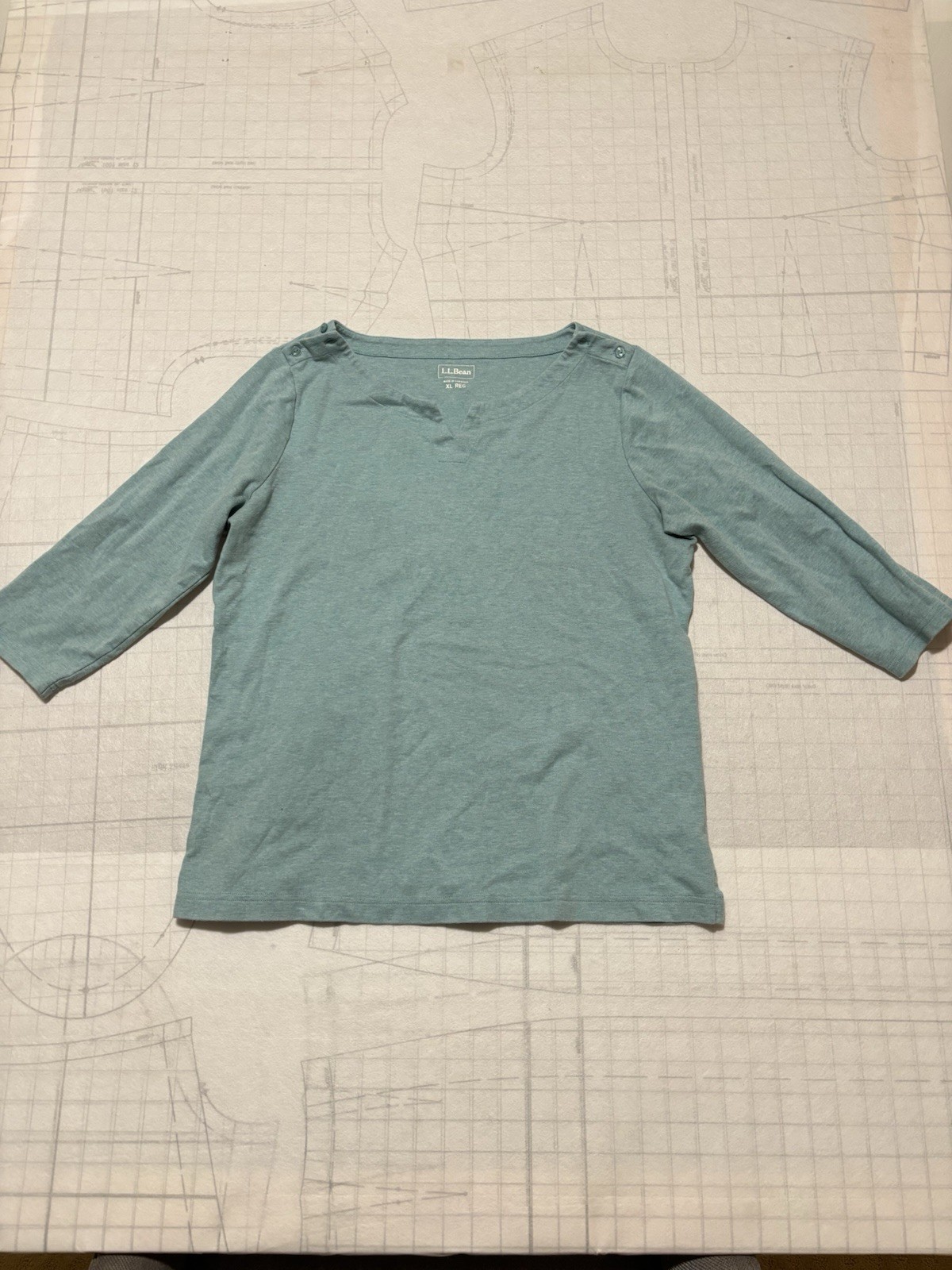 LL Bean Woman Size X Large Solid Cotton 3/4 Sleeve Tee Shirt Teal Buttons