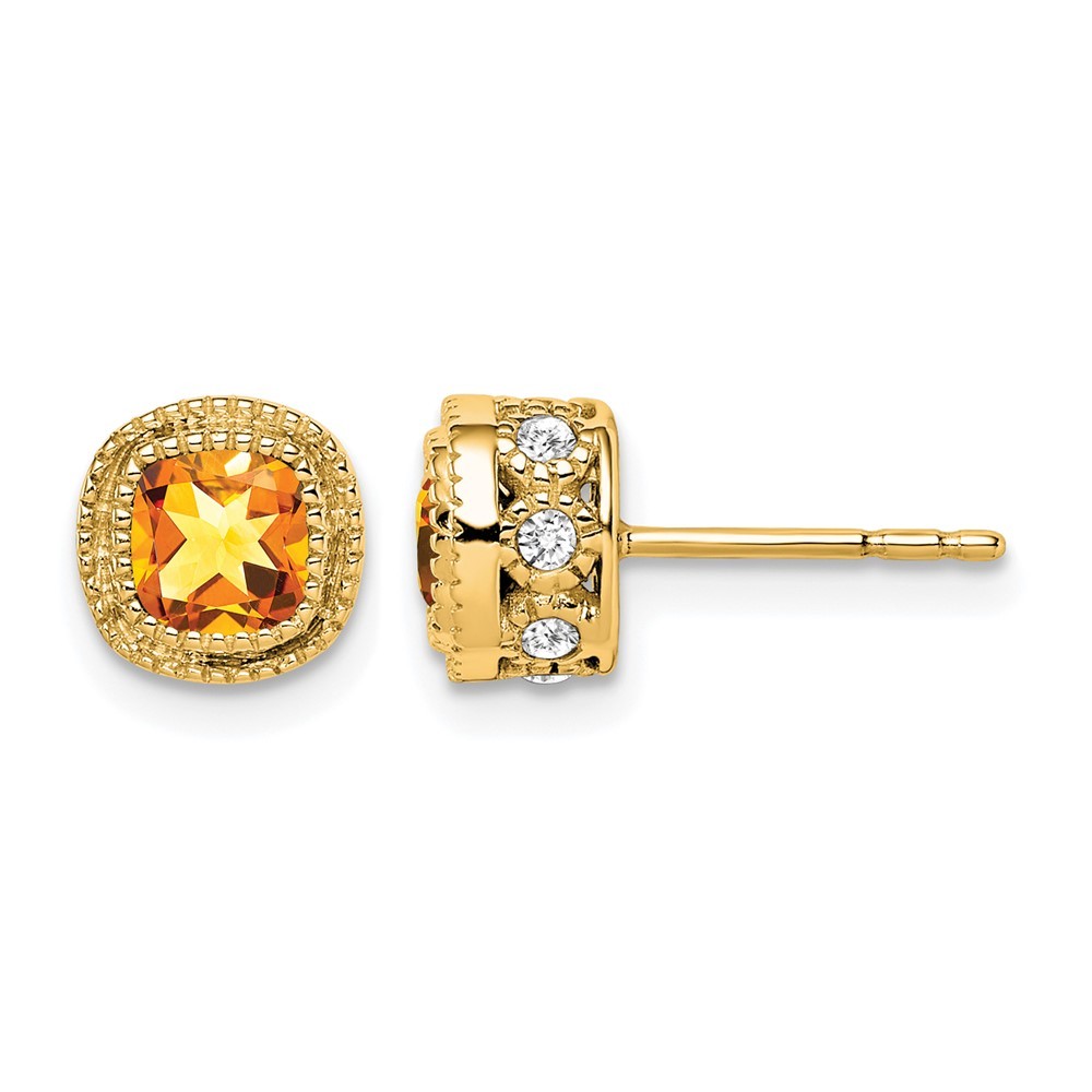 14k Yellow Gold 4.5mm Cushion Citrine and .19 carat Diamond Post Stud Earrings