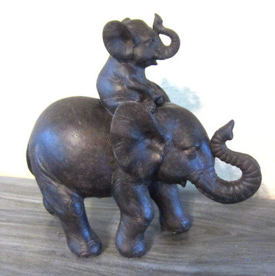 Vintage Elephant with Baby Riding on Top Sculpture Figurine Art Resin