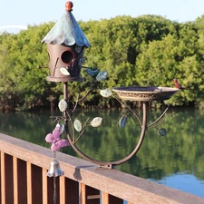 Deck Bird Bath, Metal Bird Bath and Bird Houses, Decorative Deck Mounted Bird...