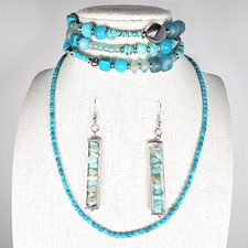 SET OF 3 Faux Turquoise CHOKER NECKLACE Coil Bracelet AMAZONITE DROP EARRING