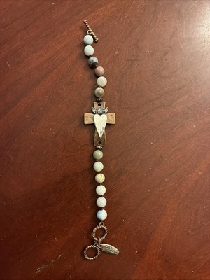 Christian stone & Wood Bracelet with metal heart and crown 8  Length copper 