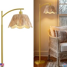 Oneach Boho Arc Floor Lamp - Hand-Woven Rattan Shade, Gold Base, Foot Switch