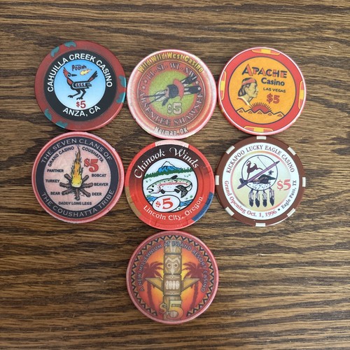 Lot of (7) $5 Native American Casino Chips From All Over The USA 🇺🇸