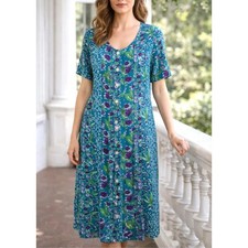 La Cera Medium Green Purple Floral Midi Dress Button Front Design Short Sleeves