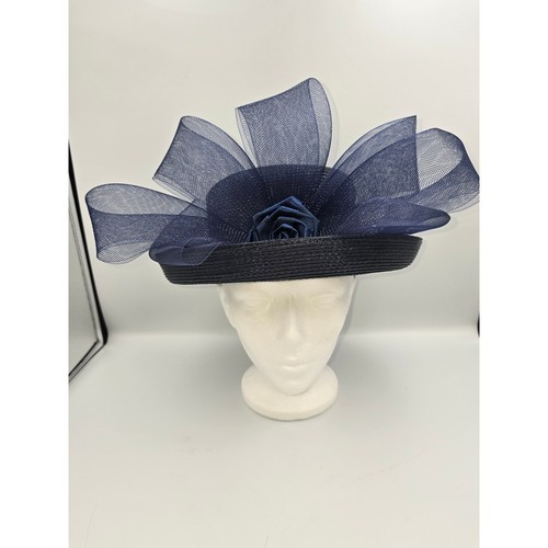 Unbranded Fascinator Hat Women OS Navy Blue Excellent Mesh Bow Rose Straw Boater