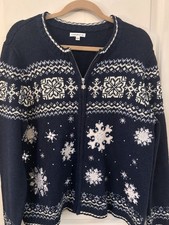 Navy Snowflake Zip Cardigan Size Lg Cabin Ski Lodge Cozy Sweater Croft & Barrow