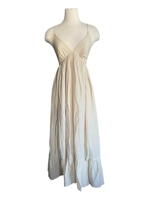 Mable Beige Gauzy Maxi Dress M Open Tie Back Tiered Ruffle Hem Boho Chic Resort
