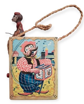Mattel Wind Up Tin Toy Hurdy Gurdy Monkey Organ Grinder 1951 8x4 Inch