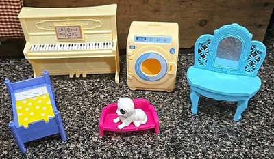 #ad Plastic Dollhouse Furniture Lot Piano Bed Washer Vanity Couch Dog $5.50
