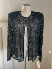SAKS 5TH AVE Jacket Black Silk Beaded Sequin Evening Hook Eye Size XL NWT dressy