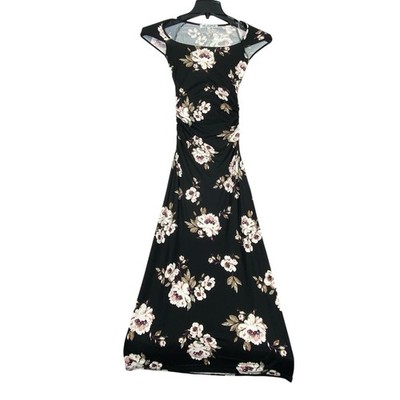 Wallflower Black Floral Midi Dress Women's XXS Cap Sleeve Scoop Neck Fitted NWT