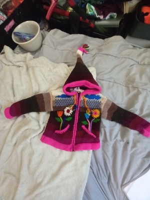 Multi-Colored Ecuadorian Handmade Hooded Wool Cardigan With Embroidered Flowers