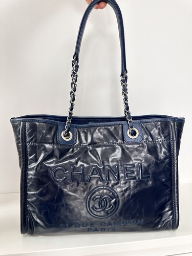 CHANEL Deauville Small Shopping Tote Navy Blue Glazed Calfskin Silvertone Hardw